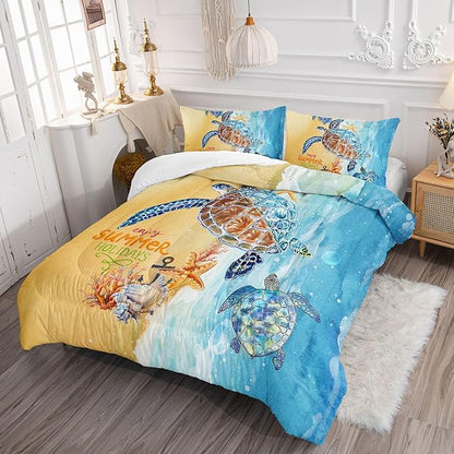 Datura home Beach Turtle Comforter Set Beach and Sea Turtle Printed Quilt Bedding Set with 1 Comforter and 2 Pillowcases for Boys and Girls Bedroom All Season(Beach Turtle Twin)