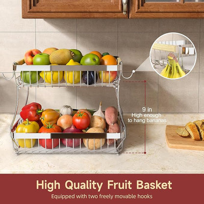 2-Tier Fruit Basket with Banana Hangers, Detachable Metal Bowl | Wooden handle, protective mats included. Versatile holder for bread, snacks, and veggies. Large 2 tier metal design.