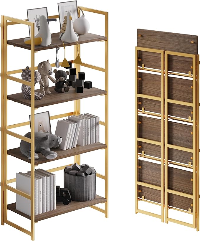 No-Assembly Folding Gold Bookshelf Storage Shelves 4 Tiers Vintage Multifunctional Plant Flower Stand Storage Rack Shelves Bookcase for Home Office
