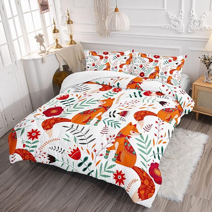 Cartoon Fox Comforter Set 3-Pieces Cute Fox Bedding Set Plants Leaves Printed Quilt Set for Kids Boys Girls with 2 Pillowcases Full
