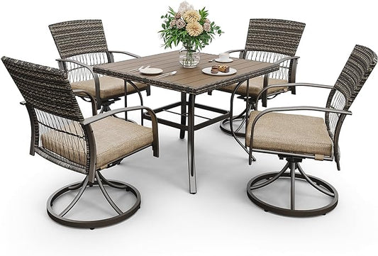 Pamapic 5 Piece Outdoor Dining Set, Rattan Outdoor Patio Furniture Set for Deck Backyard with Plastic-Wood Outdoor Dining Table, 4 Swivel Outdoor Dining Chairs and Removable Cushions (Beige)