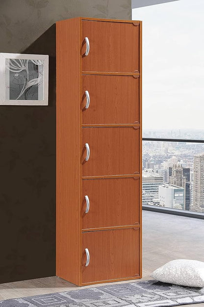 HODEDAH 5 Door Bookcase Cabinet, Cherry