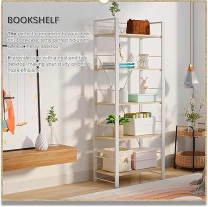 4NM Bookshelf Industrial Bookcase 5 Tier Home Office Adjustable Bookshelves Storage Shelves Organizer Vintage Book shelf Display Rack for Living Room, Bedroom,Home - Natural