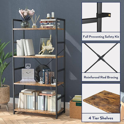NUMENN 4 Tier Bookshelf, Tall Bookcase Shelf Storage Organizer, Modern Book Shelf for Bedroom, Living Room and Home Office, Vintage