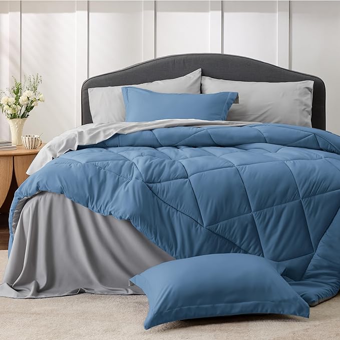 Bedsure Blue California King Comforter Set - 7 Pieces Reversible Bed Set Bed in a Bag California King with Comforters, Sheets, Pillowcases & Shams, California King Bedding Sets