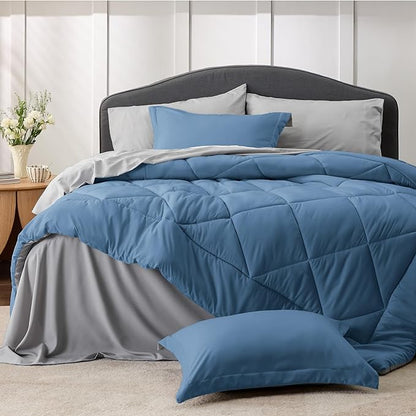 Bedsure Blue California King Comforter Set - 7 Pieces Reversible Bed Set Bed in a Bag California King with Comforters, Sheets, Pillowcases & Shams, California King Bedding Sets