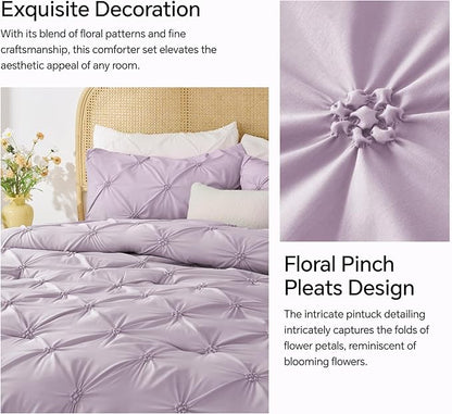 BEDELITE Light Purple King Size Comforter Set - 3 Pieces Boho Pintuck Bedding Comforter Sets, Lightweight Soft & Warm King Bedding Set with 2 Pillowcases for All Season