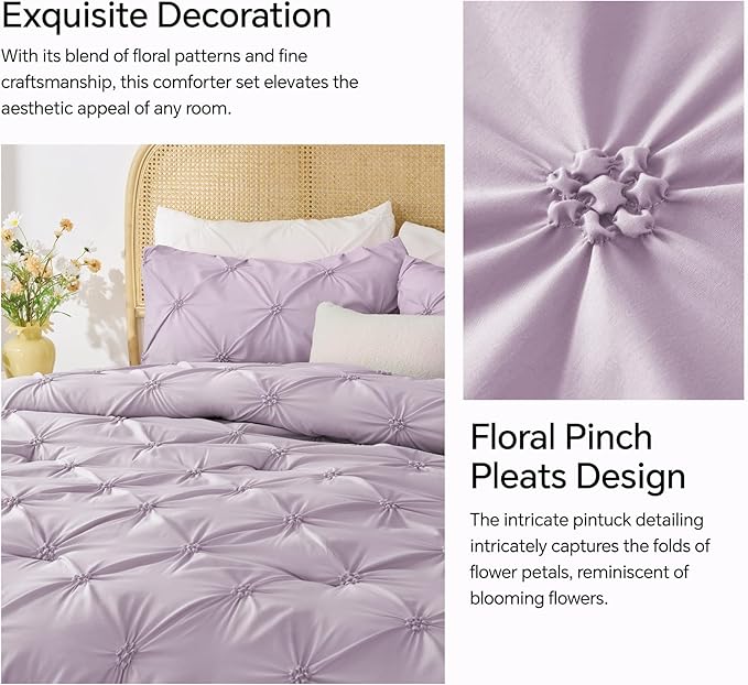 BEDELITE Light Purple Twin Comforter Set for Girls - 2 Peices Boho Pintuck Bedding Comforter Sets, Lightweight Soft & Warm Twin Bedding Sets with 1 Pillowcase for All Season