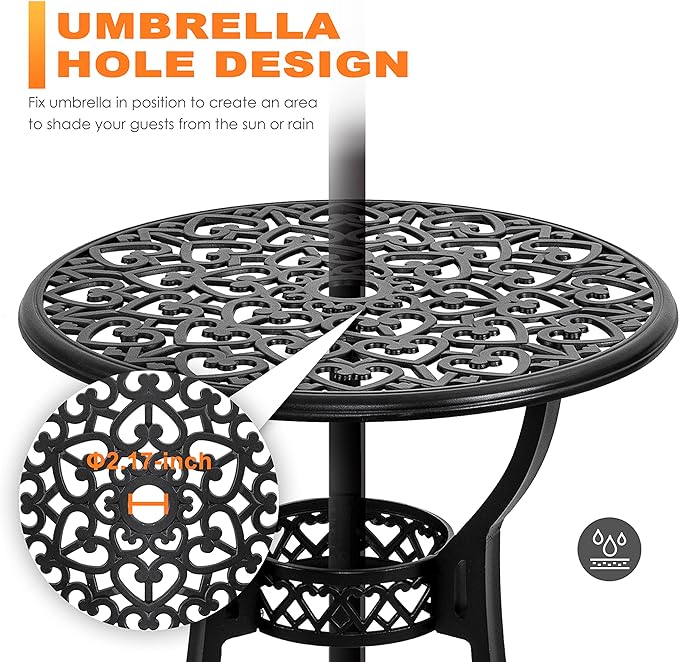NUU GARDEN 3 Piece Outdoor Bistro Set Cast Aluminum Patio Set Bistro Table Set Rustproof Patio Table and Chairs with Umbrella Hole and Green Cushions for Backyard, Balcony, Porch, Black