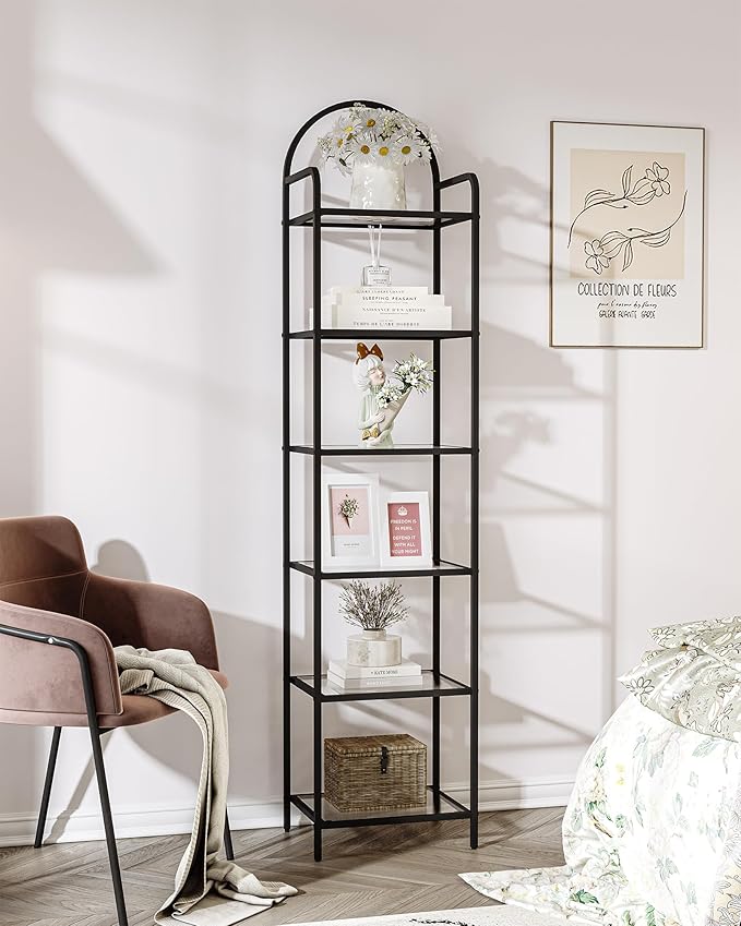Bookcase Bookshelf, Tempered Glass Bookshelves, Slim Shelving Unit for Bedroom, Bathroom, Home Office, Steel Frame, 6 Tier Black BC10601B