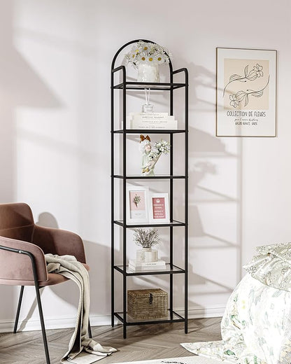 Bookcase Bookshelf, Tempered Glass Bookshelves, Slim Shelving Unit for Bedroom, Bathroom, Home Office, Steel Frame, 6 Tier Black BC10601B