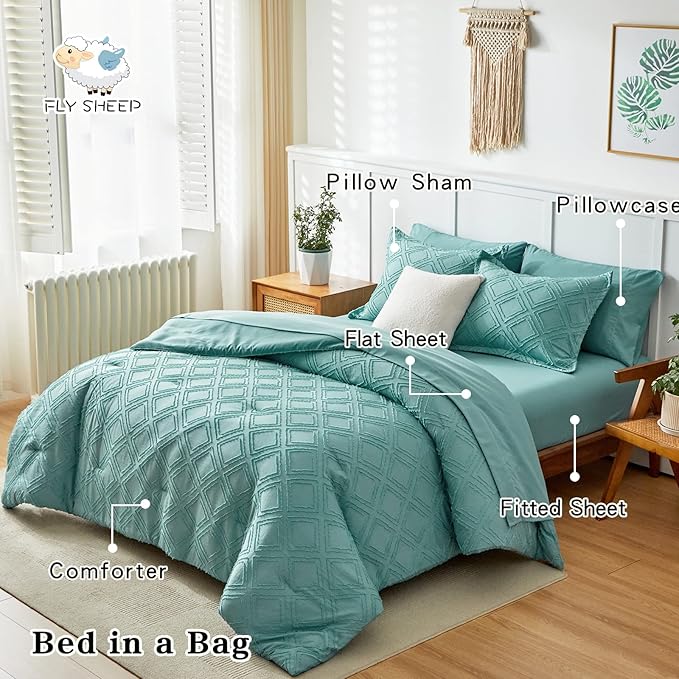 7 Pieces Tufted Bed in a Bag Queen Comforter Set with Sheets Green, Soft and Embroidery Shabby Chic Boho Bohemian, Luxury Solid Color with Diamond Pattern, Jacquard Tufts Bedding Set for All Season