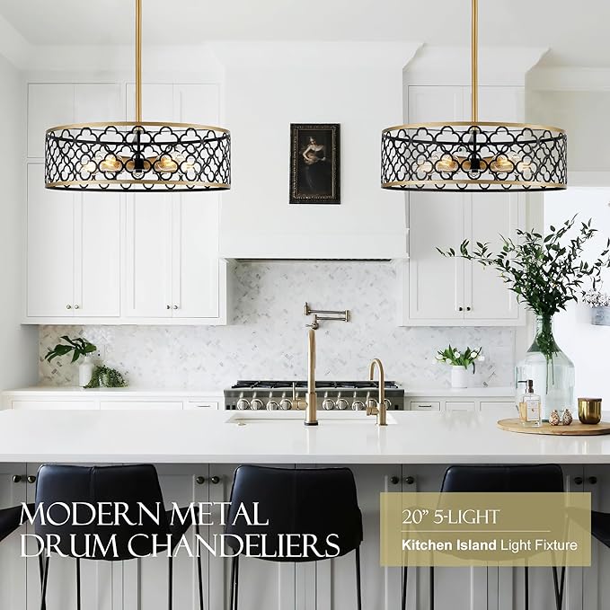 5-Light Drum Chandeliers for Dining Room,19.7" Rustic Farmhouse Dining Room Light Fixture, Black&Gold Metal Hanging Pendant Light for Living Room Bedroom Kitchen Entryway Foyer