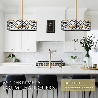 5-Light Drum Chandeliers for Dining Room,19.7" Rustic Farmhouse Dining Room Light Fixture, Black&Gold Metal Hanging Pendant Light for Living Room Bedroom Kitchen Entryway Foyer