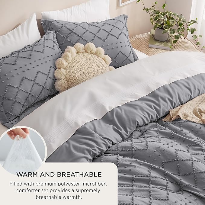 Bedsure King Size Comforter Set - Grey Comforter, Boho Tufted Shabby Chic Bedding Comforter Set, 3 Pieces Vintage Farmhouse Bed Set for All Seasons, Fluffy Soft Bedding Set with 2 Pillow Shams