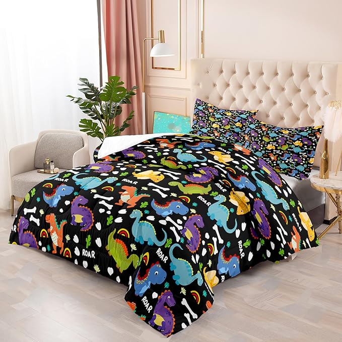 Dinosaur Comforter Set Queen - Cartoon Dinosaur Bedding Boys Comforter Set Soft Breathable Dinosaur Quilt Kids Queen Size Bedding Set for All Season, 1 Comforter 2 Pillowcase