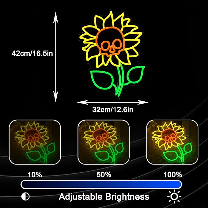 Sunflower Skull Neon Sign Wall Decor USB Powered Skeleton Head Halloween Neon Light Sign Dimmable Funny Halloween Day LED Sign for Trick or Treat Party Backdrop Bedroom Bar Man Cave
