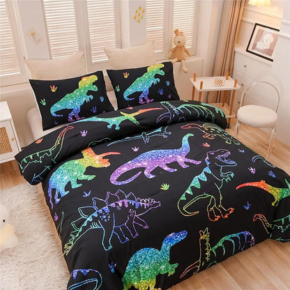 Meeting Story Dinosaur Comforter Set, Fluorescence Gradation Dinosaur Twin Comforter Set, 3 PCS 1 Comforter and 2 Pillowcases in One Bag, All Season Bedspread for Kids Teens Adults（Twin）