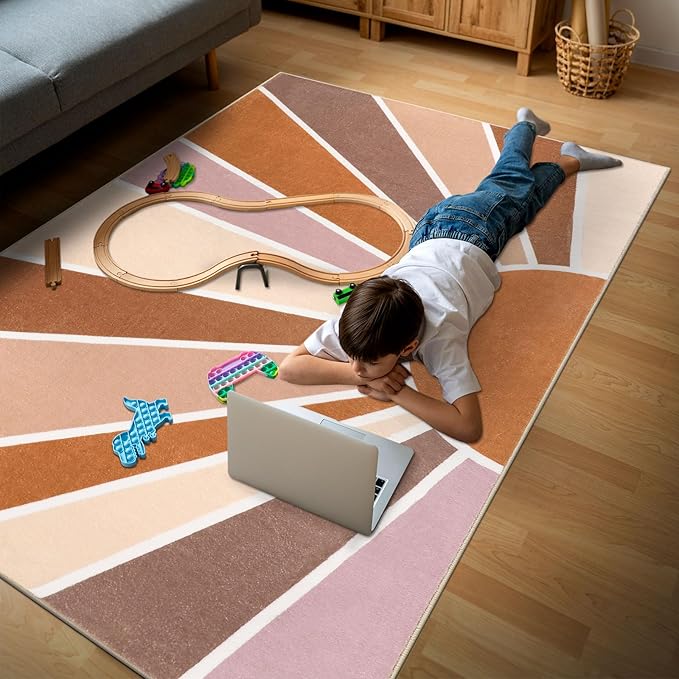 Topotdor Sun Rainbow Area Rug 3 x 5ft Boho Kids Nursery Rug, Colorful Washable Area Rug Ultra Soft Circle Classroom Rug Non-Slip for Bedroom Living Room Playroom Decor, Orange