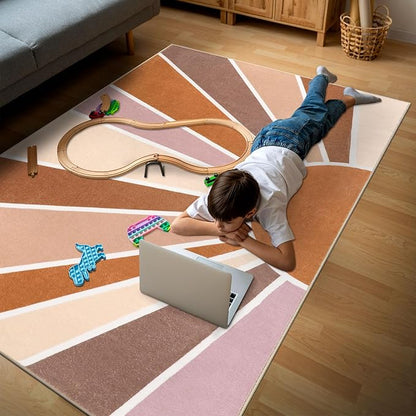 Topotdor Sun Rainbow Area Rug 3 x 5ft Boho Kids Nursery Rug, Colorful Washable Area Rug Ultra Soft Circle Classroom Rug Non-Slip for Bedroom Living Room Playroom Decor, Orange