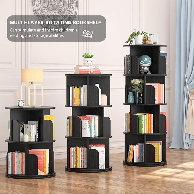 Aheaplus Rotating Bookshelf, 360 Display Corner Bookshelf for Small Space, 4 Tier Floor Standing Bookcase Storage Rack, Wood Narrow Organizer for Bedroom, Living Room, Study Room, Black