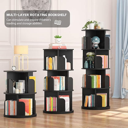 Aheaplus Rotating Bookshelf, 360 Display Corner Bookshelf for Small Space, 4 Tier Floor Standing Bookcase Storage Rack, Wood Narrow Organizer for Bedroom, Living Room, Study Room, Black