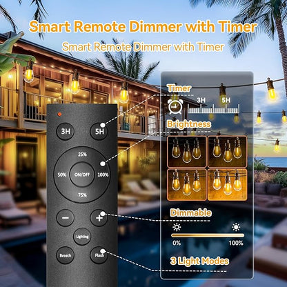Outdoor String Lights Patio LED Light Outside - 60M 58+2 S14 LED Dimmable 200ft Porch Lighting IP65 Waterproof