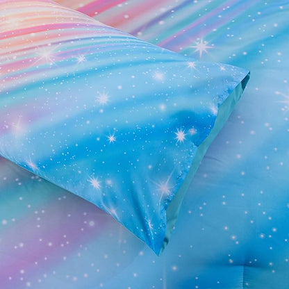 Btargot Super Soft 6 Pieces Gradient Star Ring Comforter Set, Colorful Glitter Rainbow Star Pattern Bedding Set for Boys Girls Teens, Full Light Blue