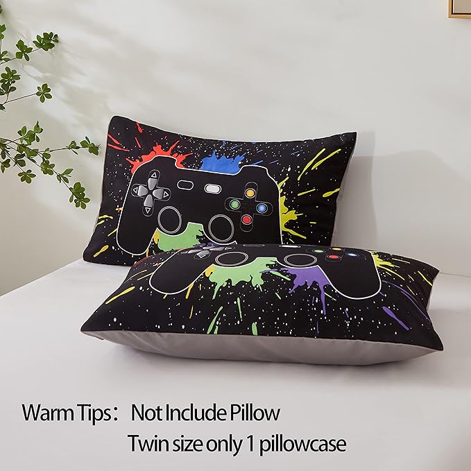 Gamer Comforter Sets Queen Size for Boys Teen,Game Controller Colorful Comforter with 2 Pillowcases, 3 Piece Video Gaming Bedding Set for Game Lovers,All Season(Black,Queen)