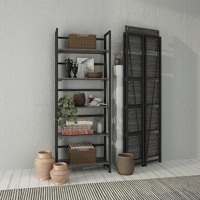 No-Assembly Folding Bookshelf Storage Shelves 5 Tiers Vintage Multifunctional Plant Flower Stand Storage Rack Shelves Bookcase for Home Office (Gray and Black)