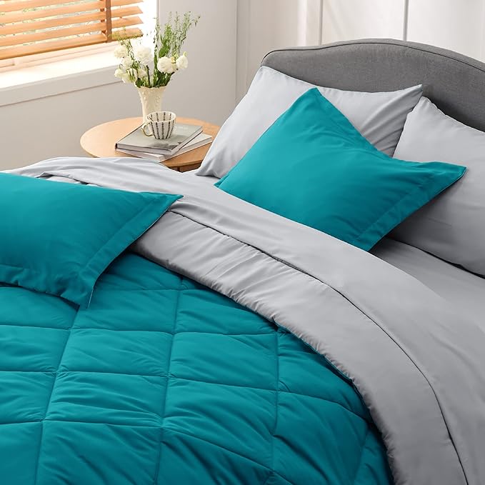 Bedsure Teal Full Size Comforter Set - 7 Pieces Reversible Bed in a Bag Set with Comforters, Sheets, Pillowcases & Shams