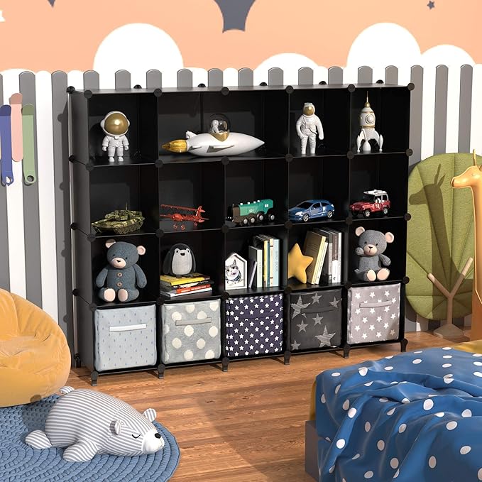 HOMIDEC 20-Cube Black Cube Storage Organizer, Modular Storage Shelf with Hammer, Cube Storage Bin Cabinet Closet Bookshelf for Living Room, Bedroom, Office, Each Cube Size 11.8 x 11.8 inch