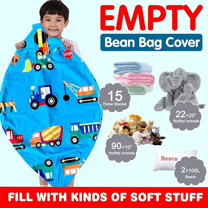 Lukeight Stuffed Animal Storage Bean Bag Chair Cover for Kids, Zipper Beanbag Chair Cover for Organizing Toddler & Kids' Rooms Plush Toys (Construction Velvet, X-Large)