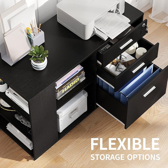YITAHOME File Cabinet, Mobile Lateral Filing Cabinet with Lock for Home Office, Printer Stand with Open Storage Shelf, Fits A4, Letter, Legal Size Files, Office Furniture, Black