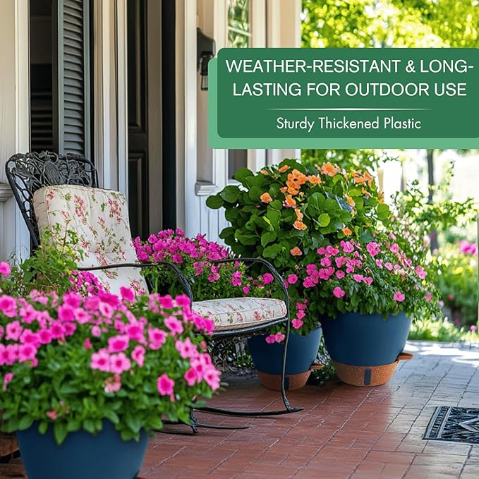 8/10/12 Inch Large Self Watering Pots for Indoor Plants Plastic Plant Pot for Outdoor Plants, Water Level Window & Spacious Reservoir Flower Pots Decorative Planter with Drainage and Tray (Blue)