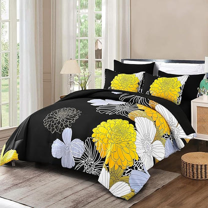Bed in a Bag Queen Yellow Black Comforter Set 7 Pieces Soft Microfiber Floral Bedding Set with 1 Comforter 1 Flat Sheet 1 Fitted Sheet 2 Pillowshams 2 Pillowcases