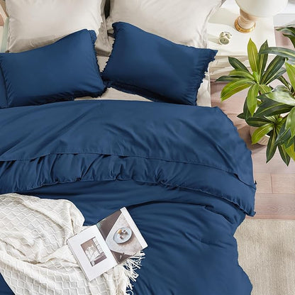 Andency Navy Blue Comforter Set Full Size, 3 Pieces Boho Tassel Lightweight Bedding Comforter Sets, All Season Soft Fluffy Fringe Bed Set (79x90In Comforter & 2 Pillowcases)