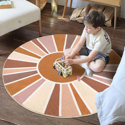 Topotdor Sun Rainbow Round Rug 5.2ft Boho Kids Nursery Rug, Colorful Washable Area Rug Ultra Soft Circle Classroom Rug Non-Slip for Bedroom Living Room Playroom Decor, Orange