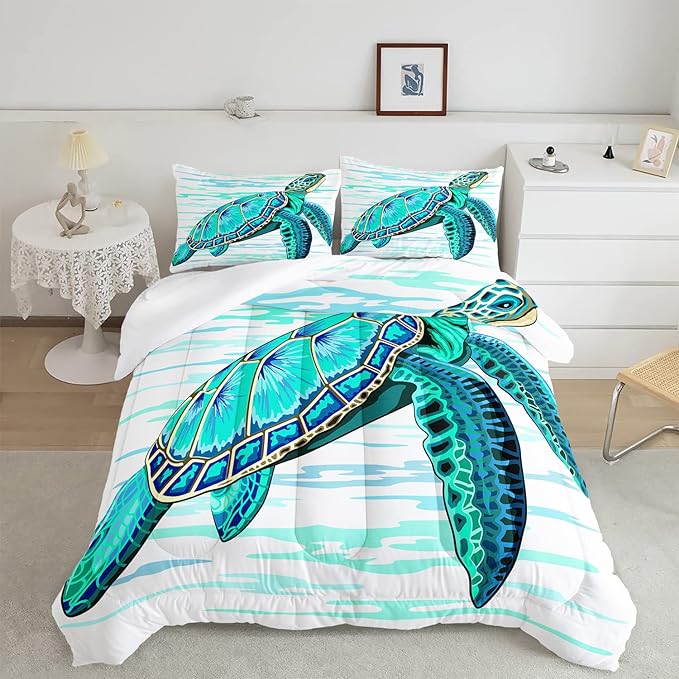 CVHOUSE Sea Turtle Bedding Set,Sea Turtle Comforter Full,Ocean Bohemia Comforter Set for Boys Kids Girls,Ocean Quilt Set with 1 Comforter and 2 Pillow Cases