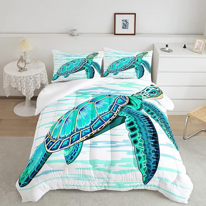 CVHOUSE Sea Turtle Bedding Set,Sea Turtle Comforter King,Ocean Bohemia Comforter Set for Boys Kids Girls,Ocean Quilt Set with 1 Comforter and 2 Pillow Cases