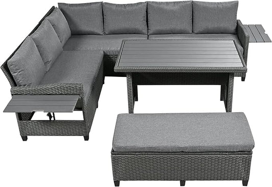 Merax Patio Furniture Sets Outdoor, All Weather Sectional PE Rattan Sofa with 2 Extendable Side, Dining Table and Bench, 5-Piece, Grey