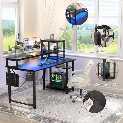 Gaming Desk with Lights & Power Outlets, 47.2'' Computer Desk with Storage Shelves, Small Desk for Small Space, Desk with Monitor Stand, Black