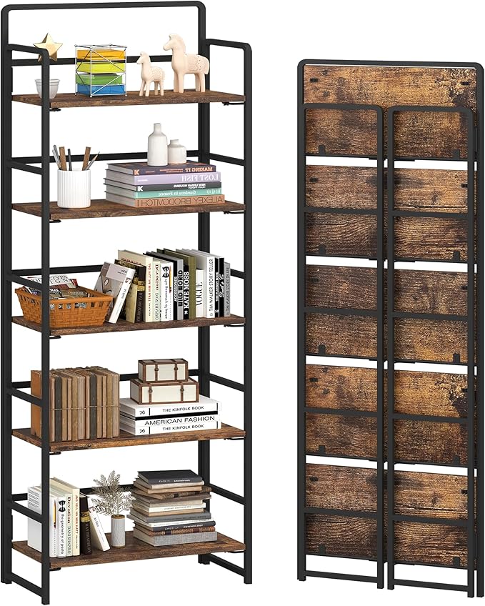 4NM No-Assembly 5 Tiers Folding Bookshelf Storage Shelves Vintage Bookcase Standing Racks Study Organizer Home Office (Rustic Brown, 5 Tiers)