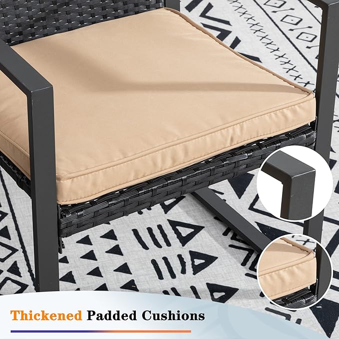 Shintenchi 3 Pieces Outdoor Patio Furniture Set, Modern Wicker Bistro Set, Conversation Rattan Chair of 2 with Coffee Table for Yard Porch Poolside Lawn(Khaki Cushion)
