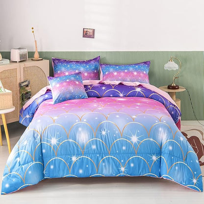 RYNGHIPY 6Pcs Teal Pink Sparkle Mermaid Comforter Sets Twin Size, 3D Rainbow Glitter Girls Bedding Sets, Ombre Pastel Fish Scale Bedding Collection Sets