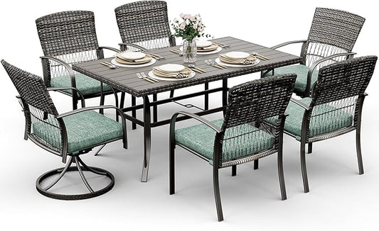 Pamapic 7 Piece Patio Dining Set for 6,Outdoor Wicker Furniture Set for Backyard Garden Deck Poolside with 4 Dining Chairs and 2 Swivel Rockers,Iron Slats Table Top, Removable Cushions(Green)