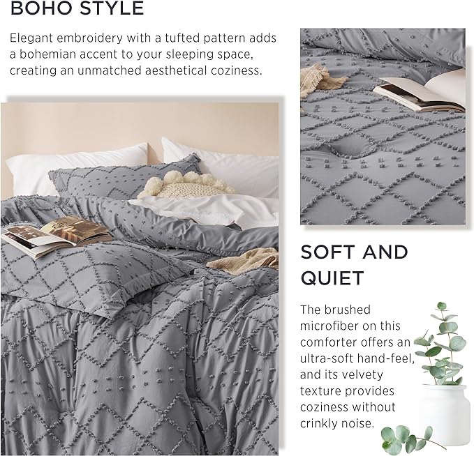 Bedsure King Size Comforter Set - Grey Comforter, Boho Tufted Shabby Chic Bedding Comforter Set, 3 Pieces Vintage Farmhouse Bed Set for All Seasons, Fluffy Soft Bedding Set with 2 Pillow Shams