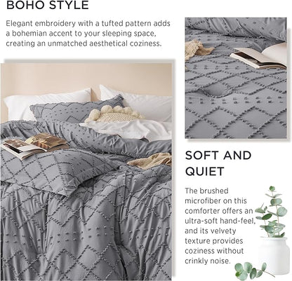 Bedsure California King Comforter Set - Grey Comforter, Boho Tufted Shabby Chic Bedding Comforter Set, 3 Pieces Farmhouse Bed Set for All Seasons, Fluffy Soft Bedding Set with 2 Pillow Shams