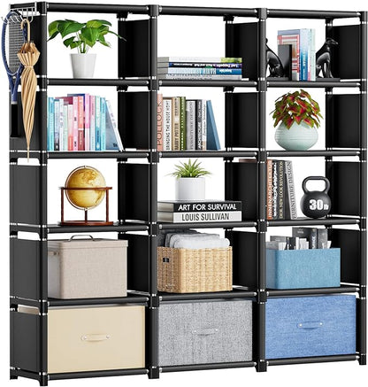 Mavivegue Bookshelf,15 Cube Storage Organizer,Book Shelf Organizer,Tall Bookcase Shelf,Book Cases/Shelves,Black Cube Shelf,Cubbies Closet Storage Organizer Shelves for Bedroom,Living Room,Home,Office
