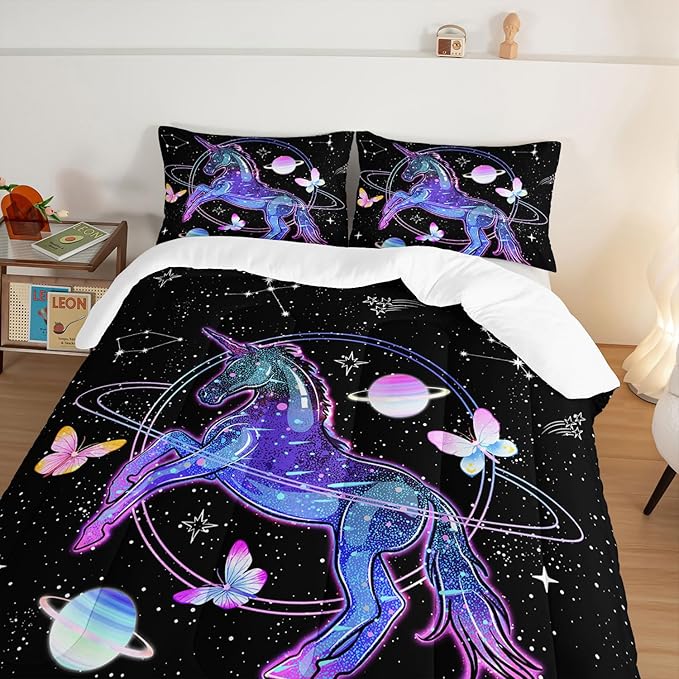 HOSIMA Unicorn Bedding Sets for Girls Kids,Butterfly Star Empty Galaxy Comforter,Unicorn Bedroom Decor for Girls Boys,Soft Microfiber Black King Size Comforter Set,Butterfly Crib Bedding Set.